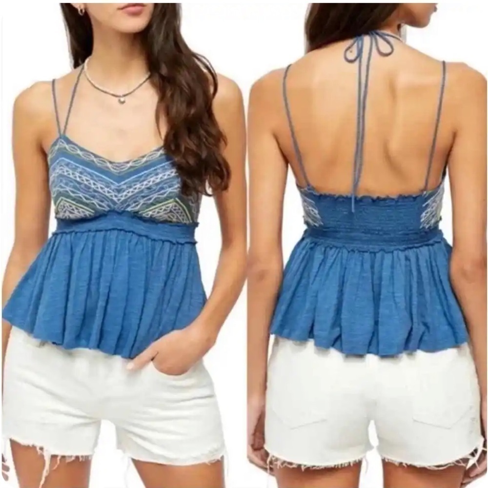 Free People Well Traveled embroidered Halter Tank Top Women’s large blue